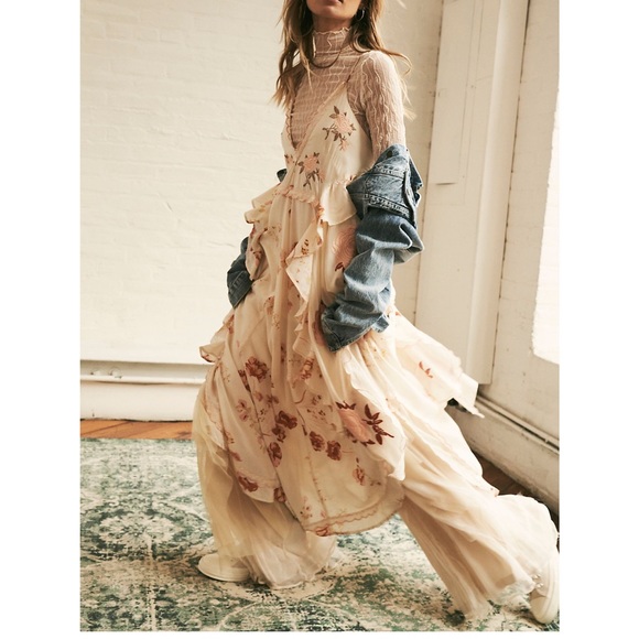 Free People Audrey Embroidered Ruffles Tie Asymmetrical Maxi Dress